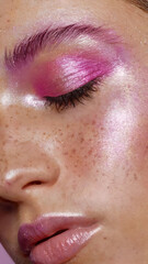 Naklejka premium Close-up Portrait of a Woman with Shimmering Pink Glitter Eye Makeup and Glossy Lips, Featuring Freckled Skin and a Soft Glow