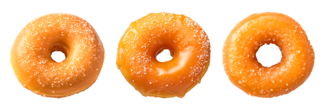 Donuts with a golden brown glaze and varying amounts of sugar crystals arranged in a row on a transparent background