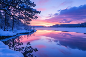 Stunning winter landscape with pink and purple sunset reflecting in frozen lake