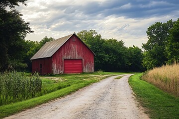 Obraz premium Red barn on a dirt road in a field with green grass and trees