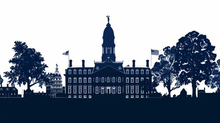 Fototapeta premium Philadelphia historical building silhouette with American flag and trees for iconic landmark theme