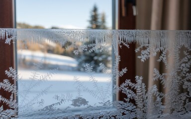 Close-up of frost patterns on a window with a snowy landscape in the background.