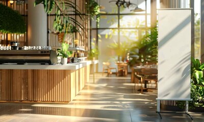 Modern Cafe Interior with a Blank Banner for Advertisement