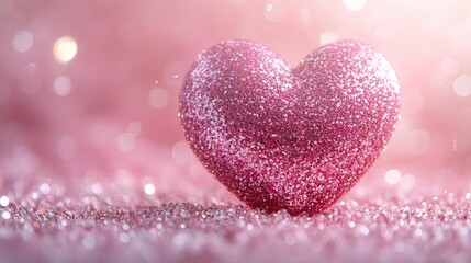 Obraz premium A beautiful glittery pink heart shines brightly against a soft pink background, symbolizing love and romance.