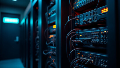 Server room with organized network devices, highlighting tech infrastructure efficiency.







