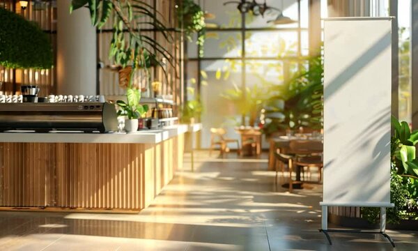 Modern Cafe Interior with a Blank Banner for Advertisement