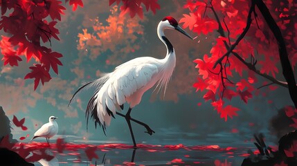 Fototapeta premium Watercolor artwork showcases a crane bird amidst Japanese cultural scenery image