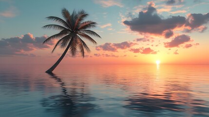 Tropical beach sunset scene with palm tree, perfect for traveler photos 