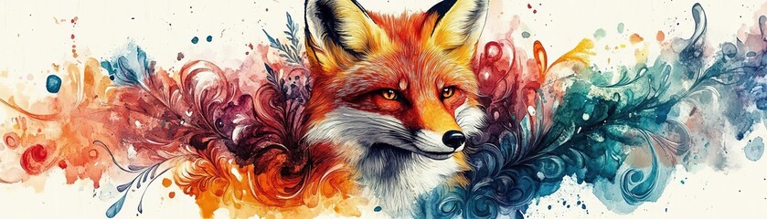 Vibrant watercolor painting of a fox with colorful swirls, showcasing nature's beauty and artistic expression.