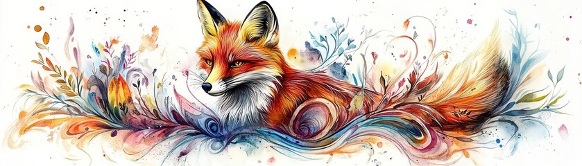 Vibrant artistic illustration of a fox surrounded by colorful floral elements, perfect for nature and wildlife themes.