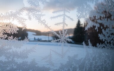 Frosty windowpane with a wintery landscape scene seen through it.