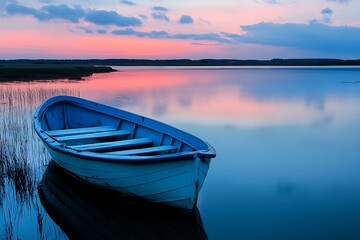 Fototapeta premium Small blue boat on calm lake water with a beautiful sunset
