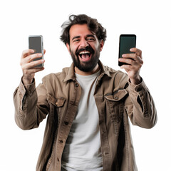 Excited young man celebrating his achievement while holding a smartphone against a plain white background