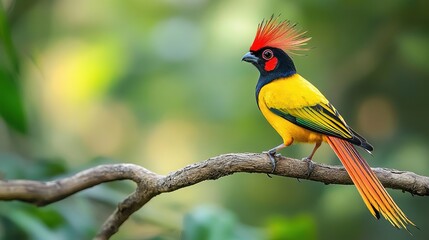Fototapeta premium A vibrant bird perched on a branch, showcasing bright yellow feathers and a striking red crest against a blurred green background.
