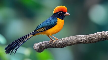 Obraz premium A vibrant bird perched on a branch, showcasing its stunning orange, blue, and yellow plumage in lush greenery.