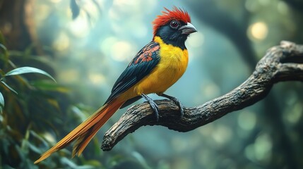 Obraz premium A vibrant bird perched on a branch, showcasing vivid colors in a lush, dreamy habitat surrounded by blurred foliage.