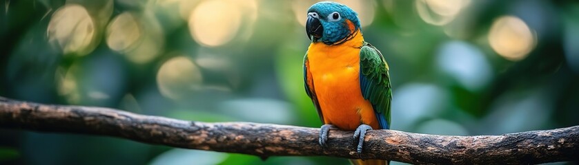 Fototapeta premium A vibrant bird perched on a branch, showcasing its colorful feathers in a lush, green environment.