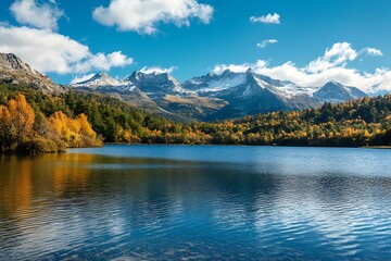 Scenic mountain lake with fall foliage, snow capped peaks, and blue sky with clouds