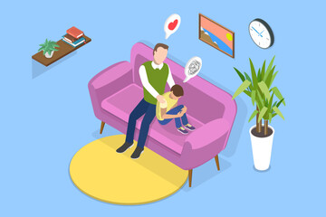 3D Isometric Flat Vector Illustration of Father Support, Parent Encouraging Teen Son