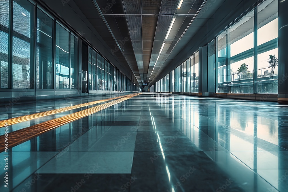 Sticker Modern Architecture,  Empty Corridor with Glass Walls and Shiny Floor