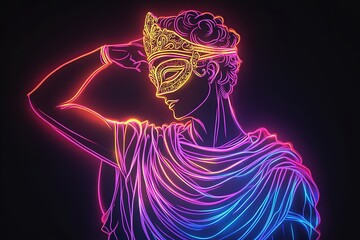A silhouette simple neon linework illustration toga dancing man, wearing an ornate masquerade mask, wearing a toga costume