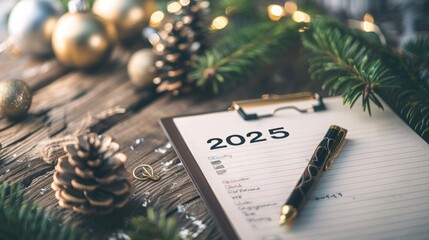 A close-up of a notepad with the year 2025 written on it, a pen, and a pine branch.  A great image to symbolize goal setting or new year's resolutions.