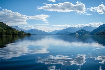 Fototapeta premium Calm Blue Lake with Mountain Range and Sky Reflections