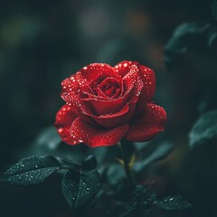 Vibrant red rose blooming in a garden, its petals shining in the sunlight. Green leaves surround it, while small dew drops slide down them, reflecting the light. Bokeh background