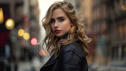 Fototapeta premium Young woman in a black leather jacket with long blonde hair looking directly at the camera with a confident expression.