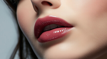 Fototapeta premium close up of a beautiful woman lips with red lipstick , lips with makeup