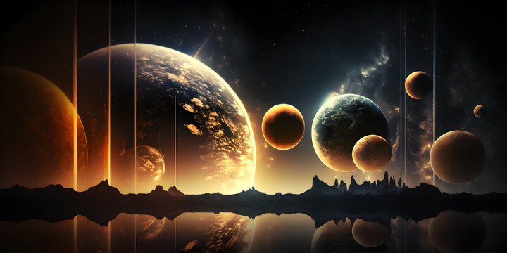 Majest&auml;tische Planetenformation mit kosmischen Lichtern &uuml;ber einer au&szlig;erirdischen Landschaft - Ai-Ki generiert