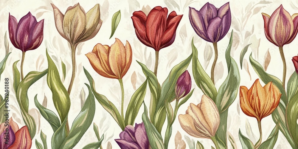 Poster A vibrant collection of tulips in various colors and shades. The image exudes natural beauty and freshness. Perfect for floral designs or nature-themed projects. AI