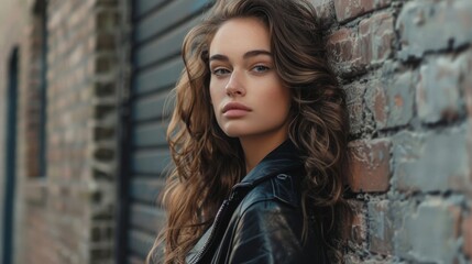 Naklejka premium Young woman with long brown hair leans against a brick wall, looking directly at the camera.