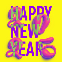 Square poster with pink hand drawn volumetric 3D numbers 2025 on yellow background with purple text Happy New Year. Lilac liquid letter. Design element. Decorative bold font. Gift. Winter holiday.