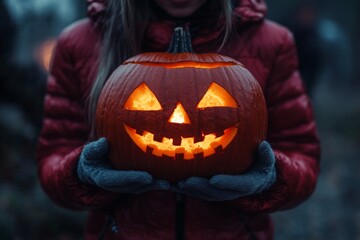 Woman hugs carved halloween pumpkin