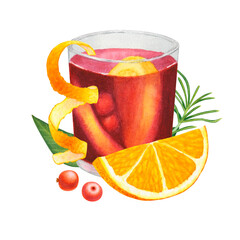 Glass of mulled wine with dark red drink, citrus pieces, berries, orange slice and peel, rosemary or fir, pine on isolated background. Hand drawn watercolor illustration. For design, cards, packaging