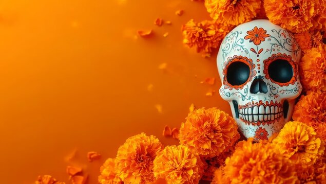 Day of the dead Dia De Los Muertos halloween Celebration Background Sugar Skull calaverita marigolds flowers Orange Copy Space Traditional Mexican culture festival flyer Flat lay top v