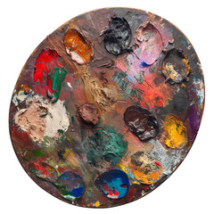 Wooden palette is splattered with colorful oil paint, showcasing the remnants of a creative art...