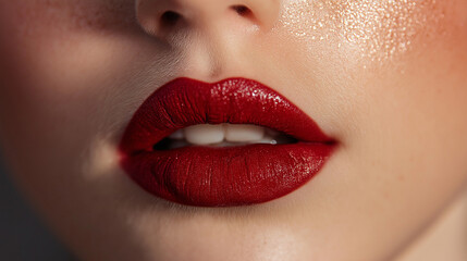 Fototapeta premium close up of a beautiful woman lips with red lipstick , lips with makeup