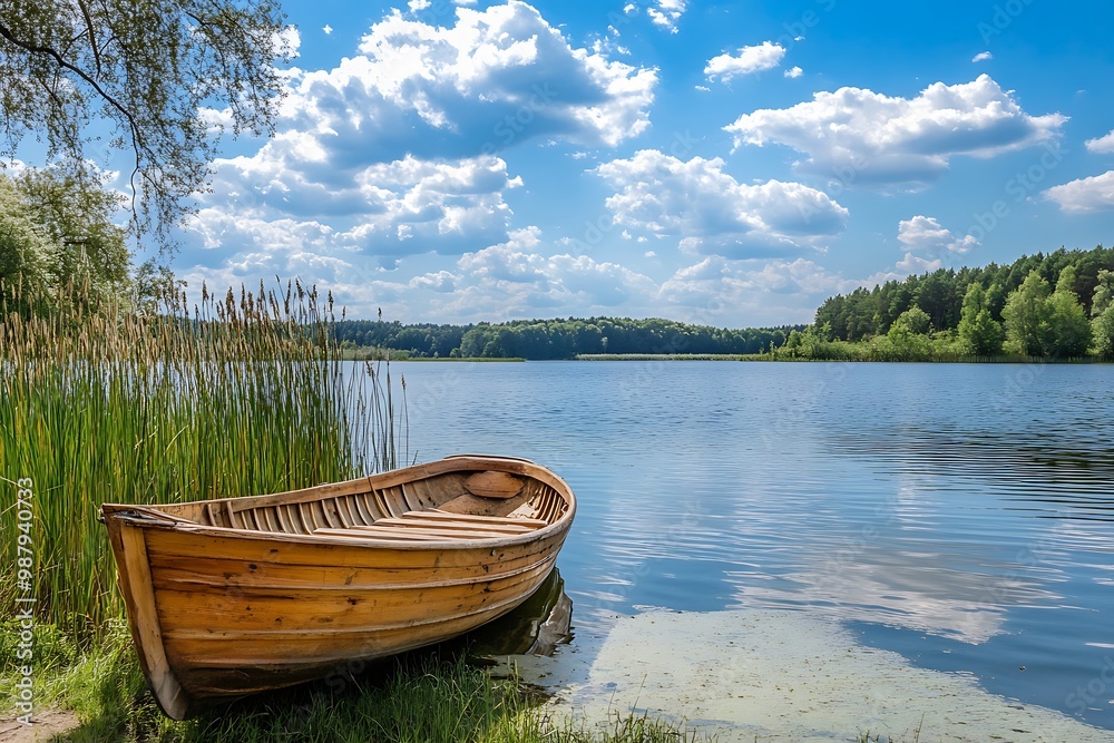 Canvas Prints Wooden boat on calm lake shore with blue sky and white clouds, idyllic summer scenery