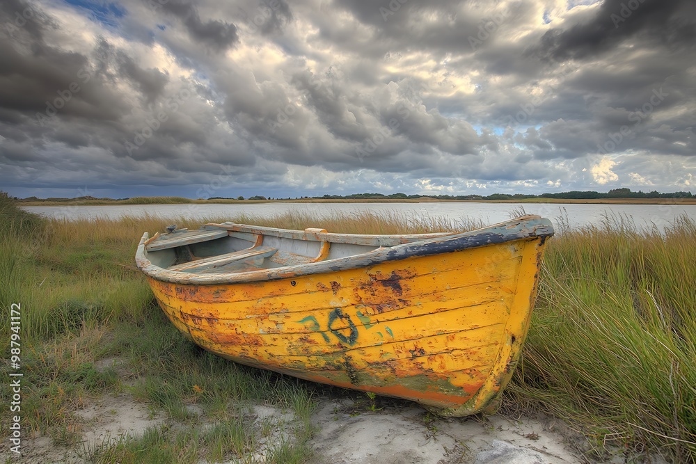 Poster Lonely yellow rowboat on shore with dramatic storm clouds in the sky