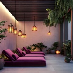 Obraz premium Enclosed spa garden with hanging lanterns, velvet cushions, and warm aromatherapy oils