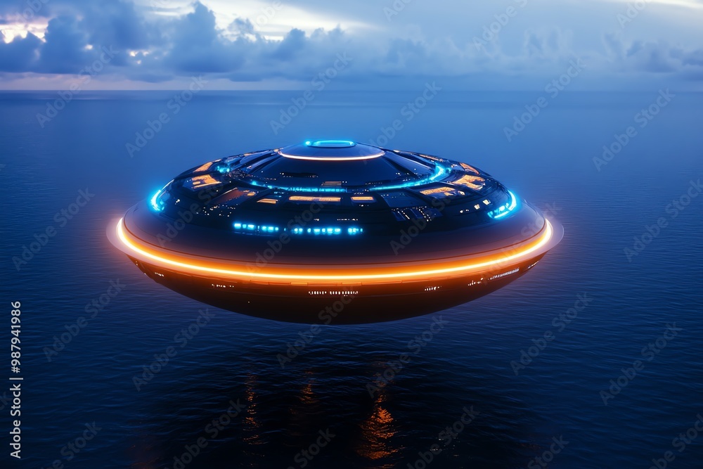 Aufkleber Futuristic floating city, using advanced technology to hover just above the surface of the ocean, with glowing lights