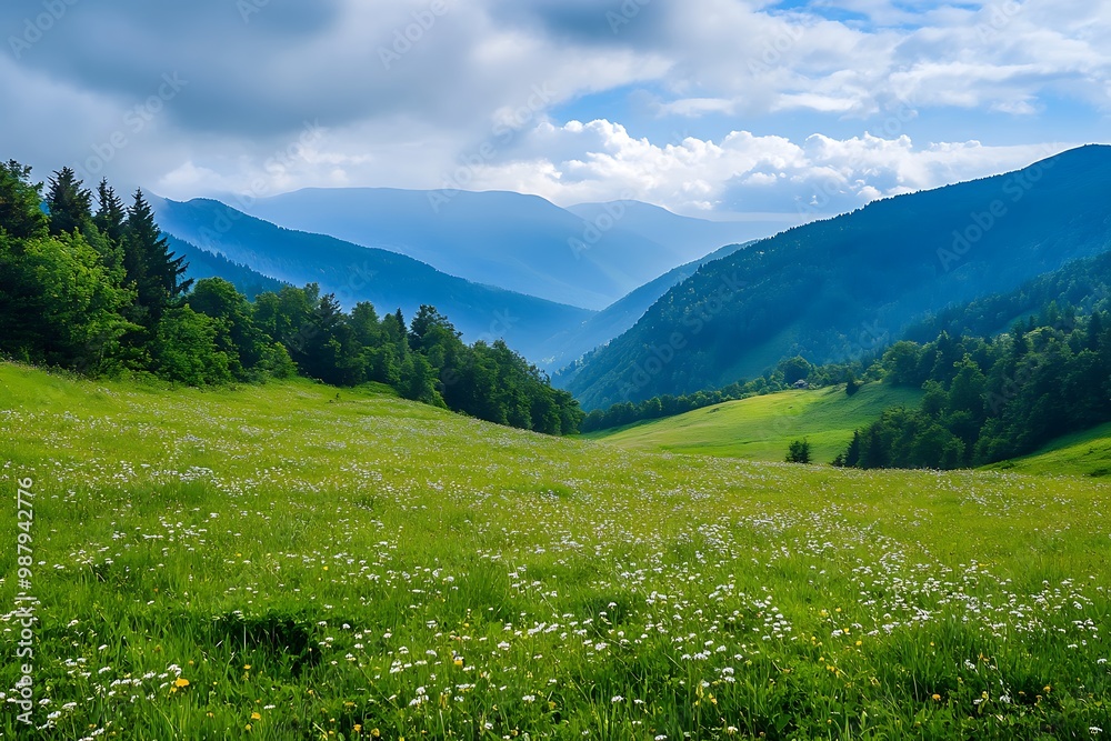 Poster Green mountain meadow landscape with blue skies and fluffy clouds