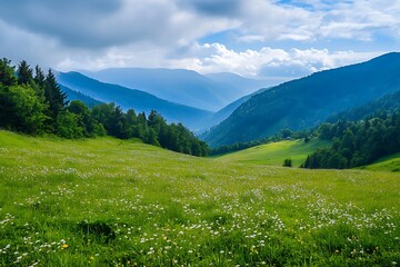 Fototapeta premium Green mountain meadow landscape with blue skies and fluffy clouds