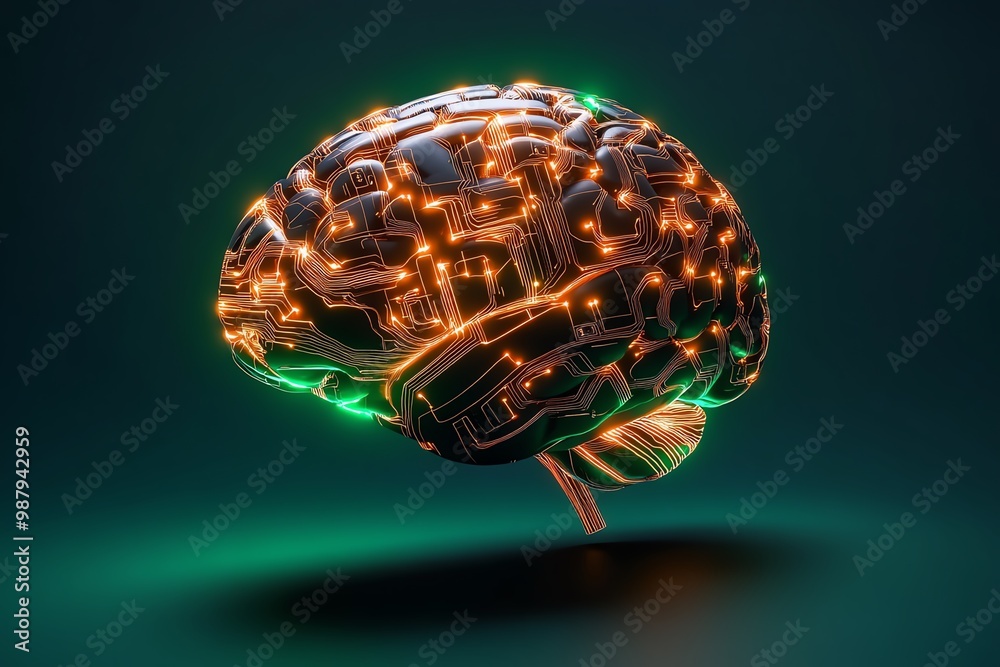Poster futuristic human brain, glowing with digital circuits and connections, representing advanced technol