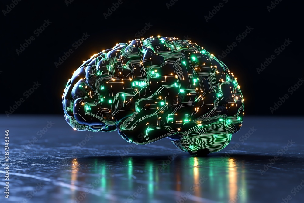 Poster futuristic human brain, glowing with digital circuits and connections, representing advanced technol