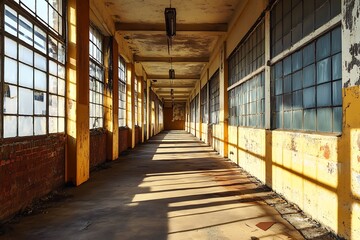 Sunbeams in Abandoned Factory Hallway