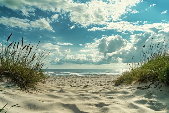 Pathway through sand dunes to the beach with blue sky and clouds. Summer vacation, tranquility, and freedom concept