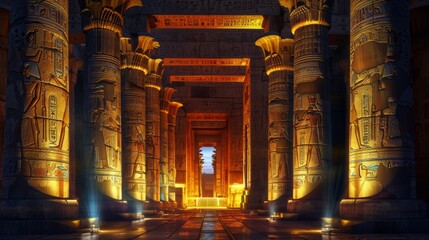 Majestic Illuminated Columns of an Ancient Temple Interior in Egypt